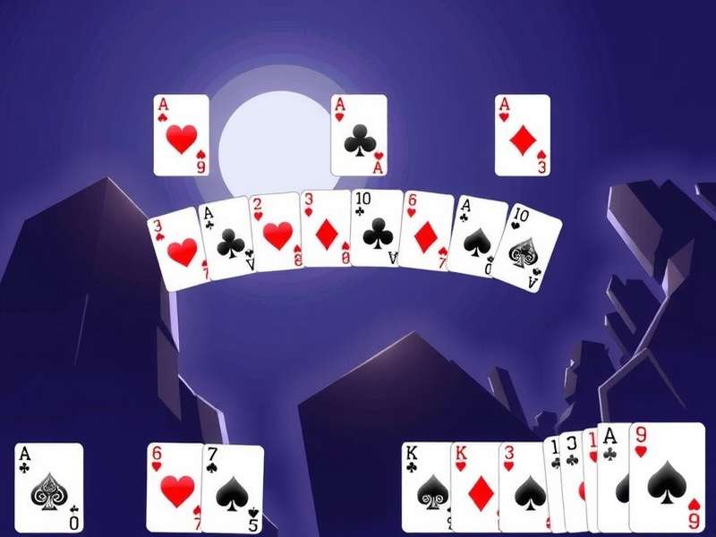 स्पाइडर सॉलिटेयर गेम का स्क्रीनशॉट, कार्ड्स की व्यवस्था दिखाते हुए