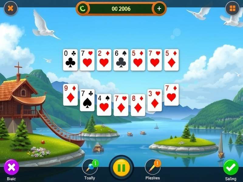 A hand arranging cards in a game of Solitaire on a wooden table