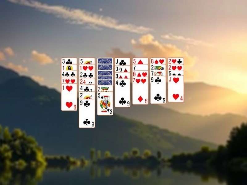 A hand arranging a game of Klondike Solitaire on a wooden table, cards fanned out beautifully.