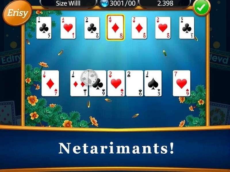 A hand arranging colorful playing cards in a game of Solitaire on a wooden table