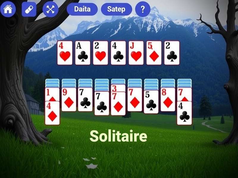 Antique playing cards laid out in a classic Solitaire tableau setup on a wooden table