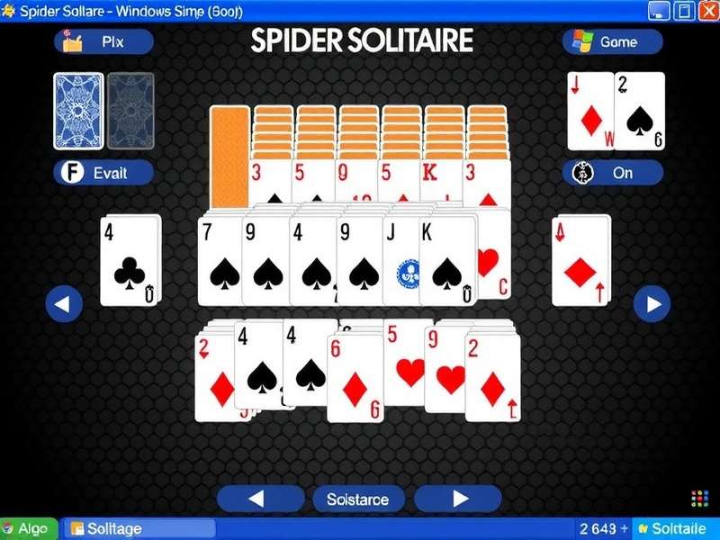Spider Solitaire Windows interface showing a classic 1-suit game in progress on a Windows desktop