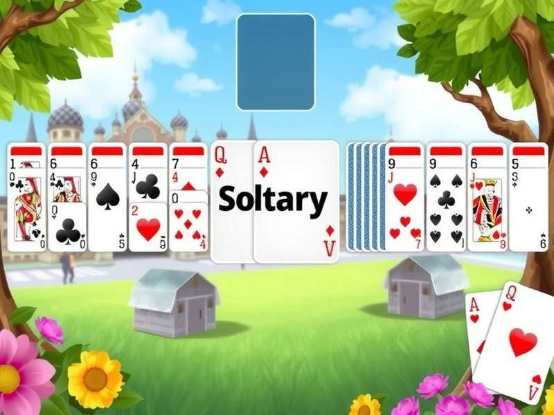 Solitaire Card Game layout with cards spread on a wooden table, illustrating classic Klondike setup