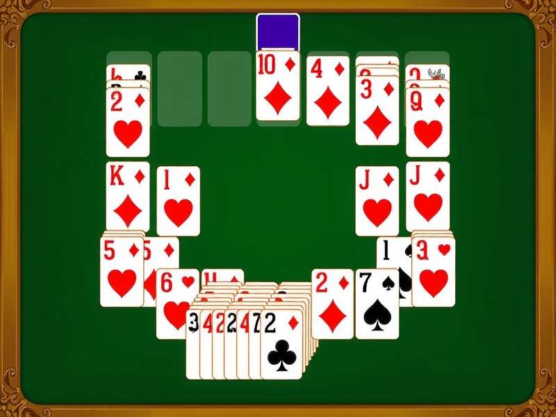 Freecell Solitaire game layout with cards arranged on a green felt table, showcasing the four free cells and cascades.