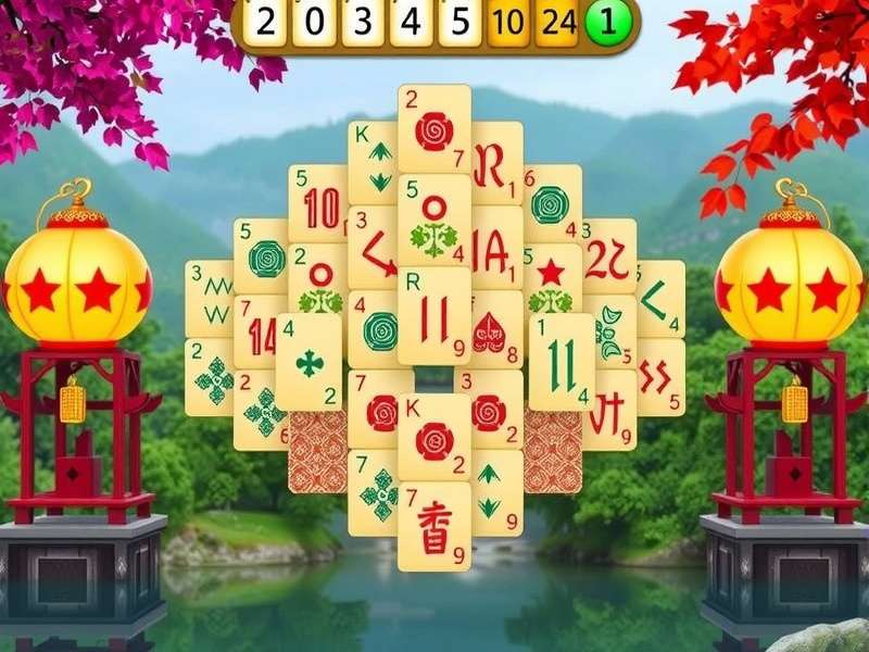 Mahjong Solitaire board with traditional tiles arranged in a turtle formation