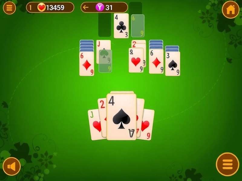 Solitaire Casual Games – Classic card game layout with playing cards spread on a wooden table