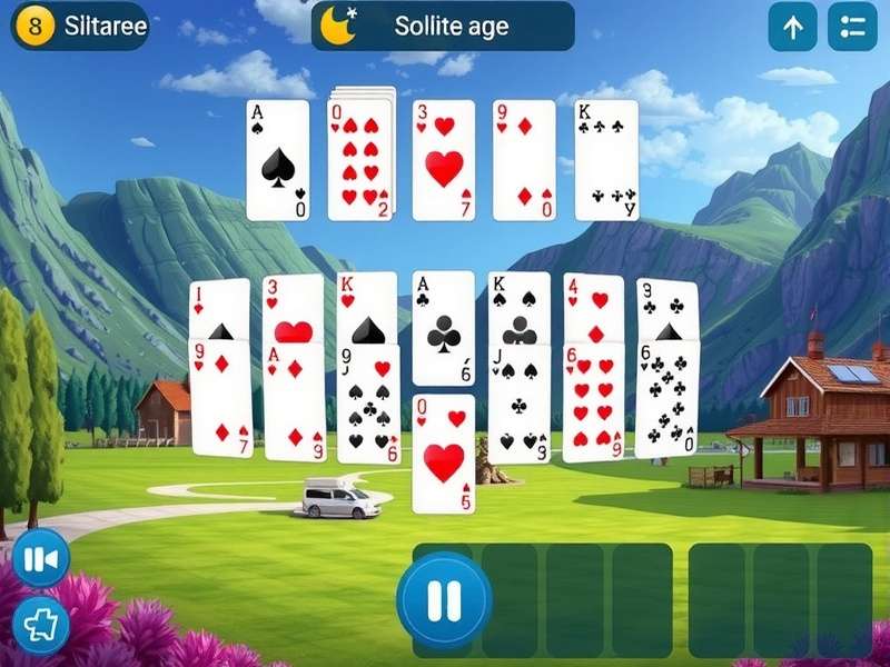Solitaire Pyramid card layout with cascading cards arranged in pyramid formation on a wooden table